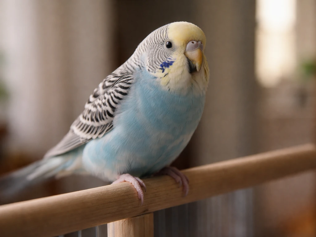 Pet bird on a perch with beak slightly open and tail bobbing, shot in natural light.