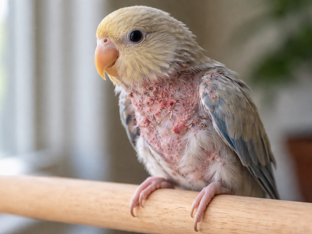 Close-up of a small pet bird with patchy feather loss on its body and slight skin irritation