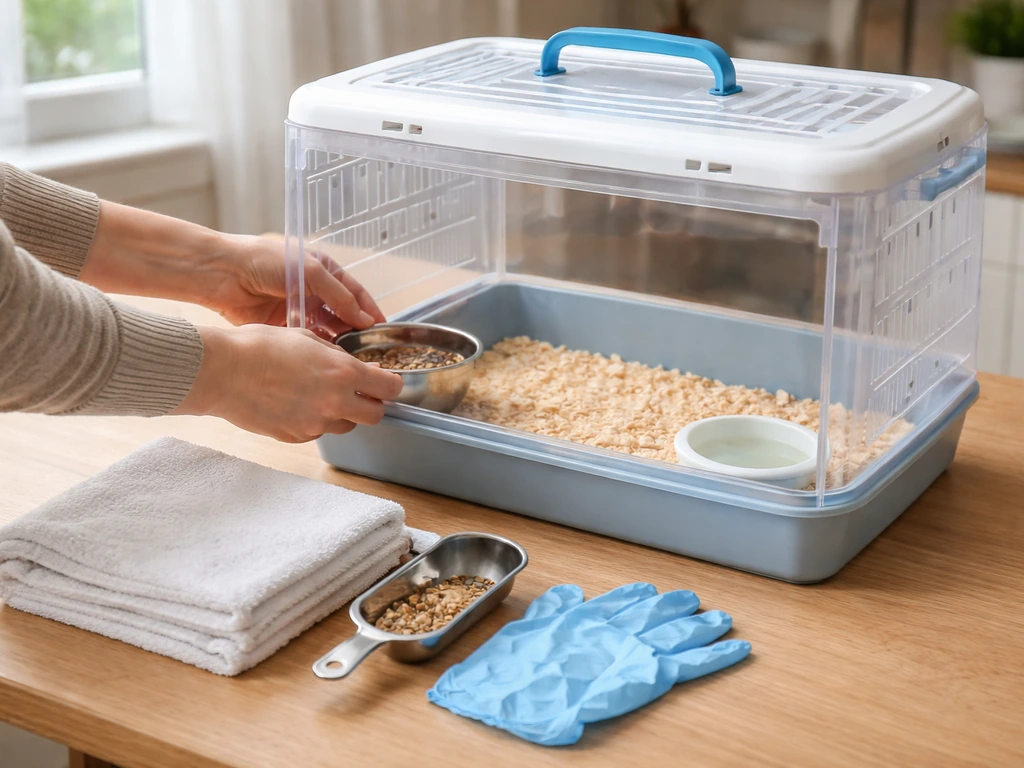 Person setting up a clean bird isolation/quarantine enclosure with fresh water and supplies
