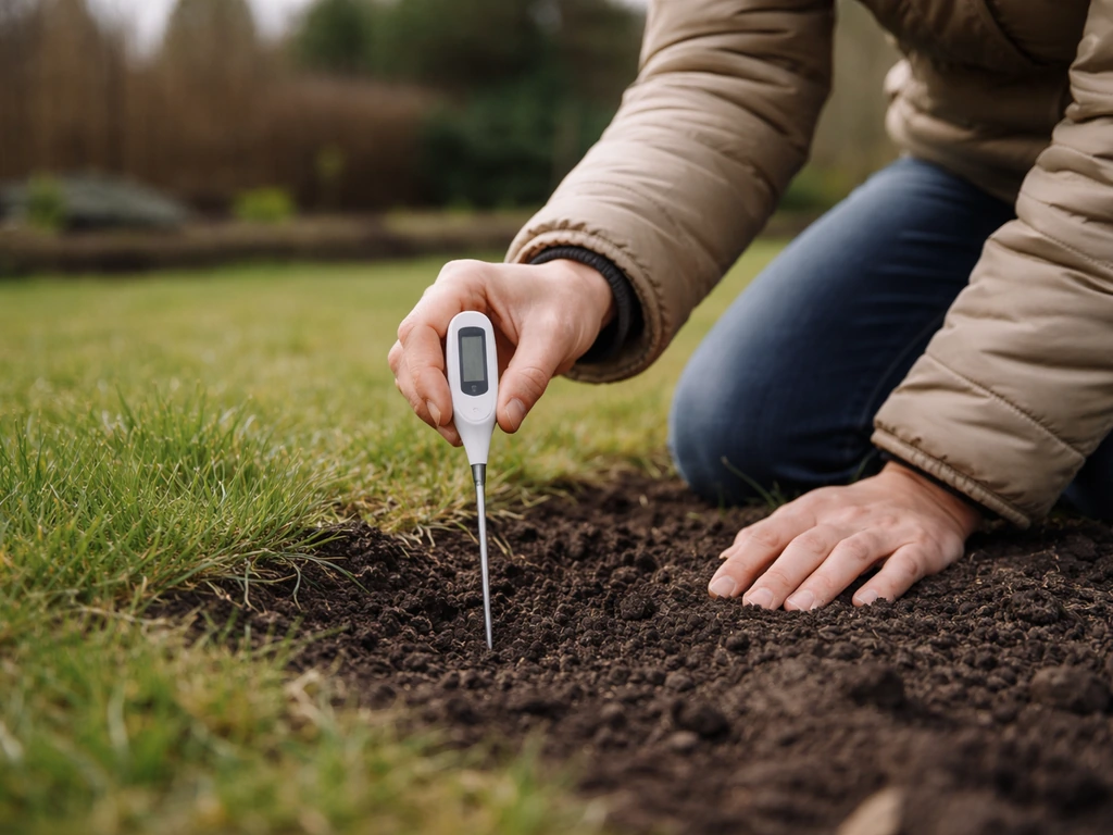 Handen die bodemsensor in de grond steken bij fris gazon, in het vroege voorjaar.