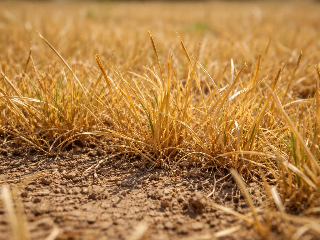Close-up van geel verdord gras en droge aarde op een zonnige, droge plek in de tuin.