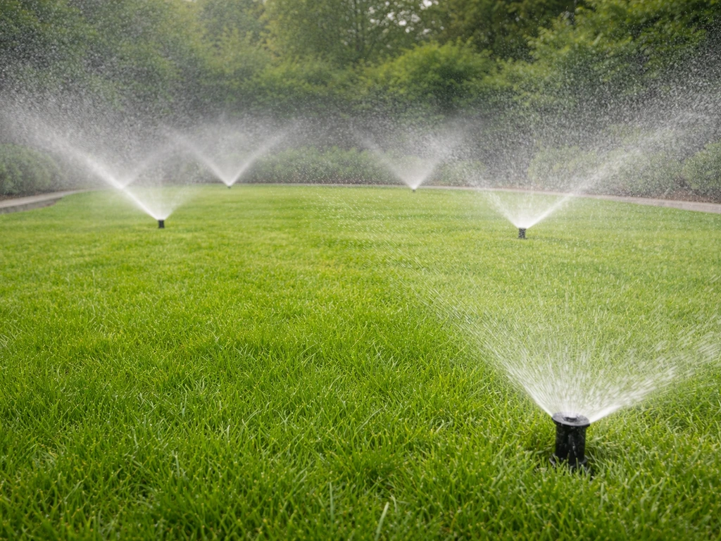 Gazon dat gericht en grondig wordt besproeid met draaiende sproeiers, duidelijke maar minimalistische tuinsetting.