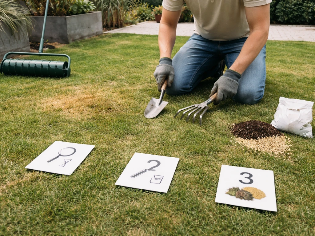 Kniezittende tuinier inspecteert geel gazon met onbedrukte volgorde-kaarten, naast hark, graszaad en compost.