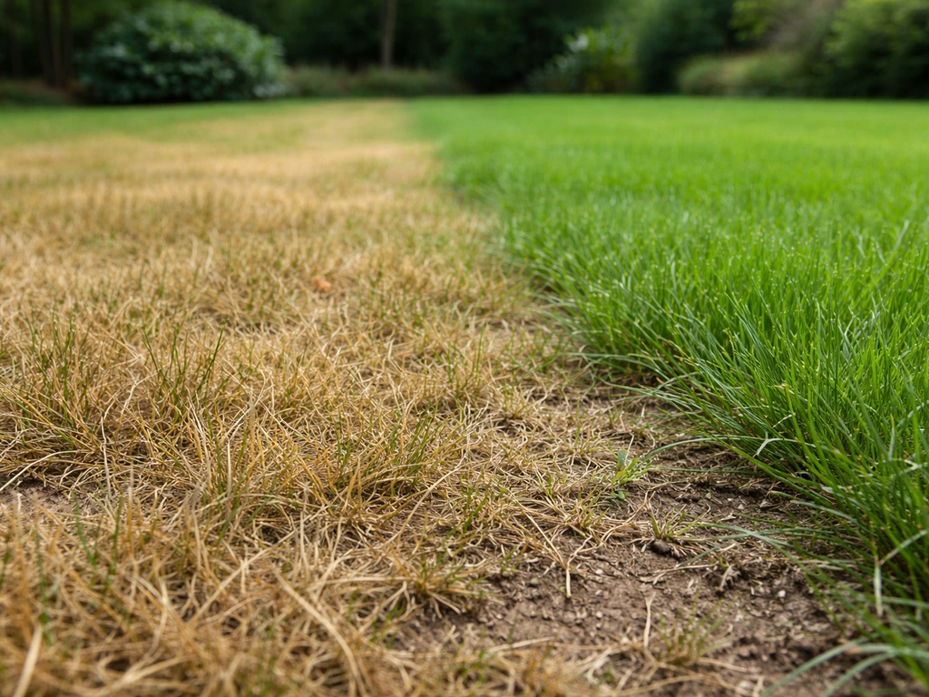 Close-up van geel verkleurend gazon met bodemstructuur en naastgelegen groen gras in een Nederlandse tuin.
