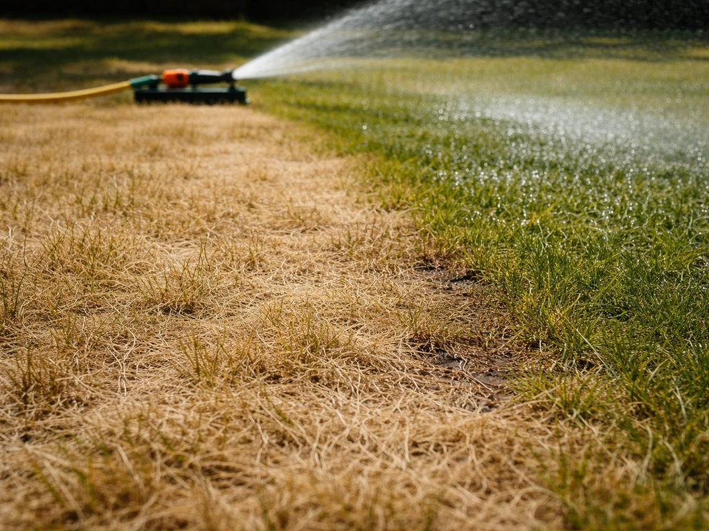Uitgedroogd gras met een sproeier die een strook dieper natmaakt tijdens zonnige droogte.