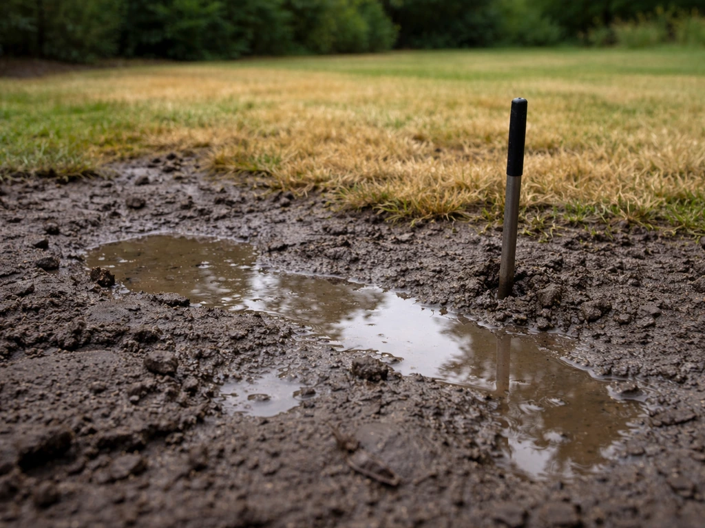 Plas na regen en geelbruine grasplekken op een natte, compactere tuinbodem met een zichtbare grondprik