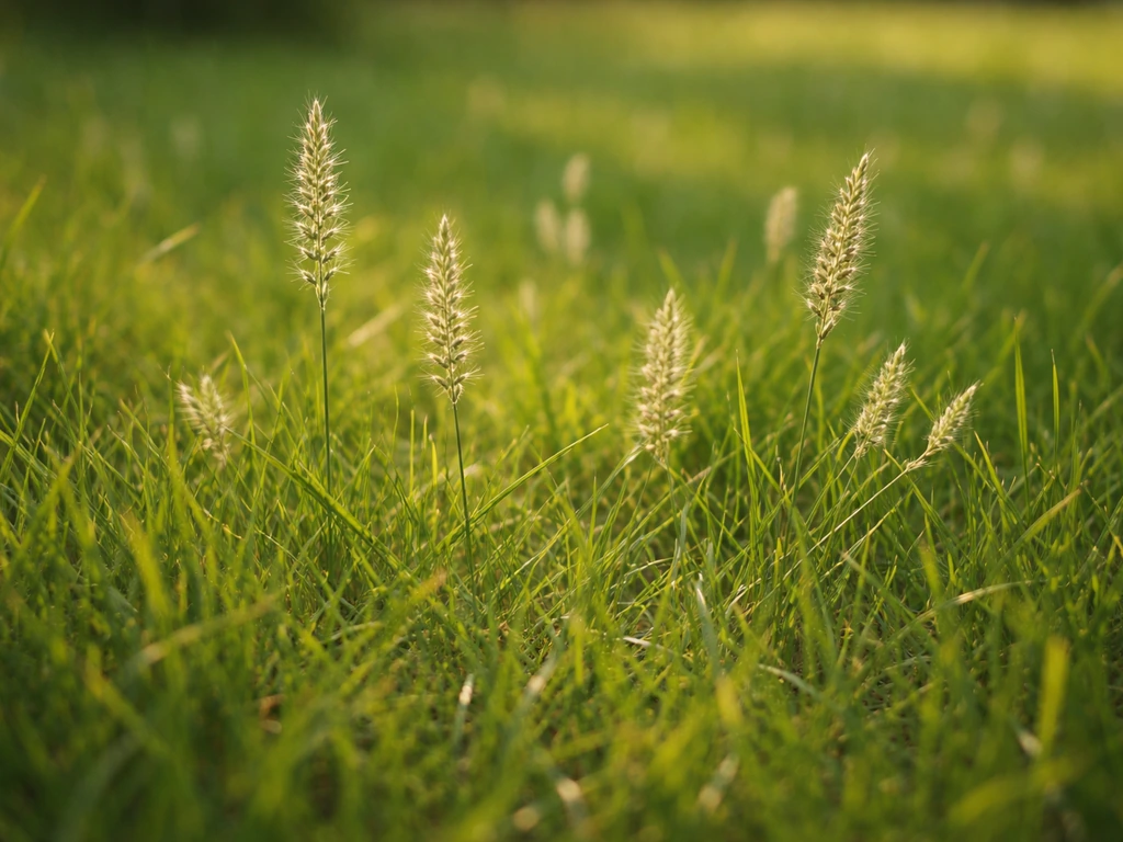 Close-up van gras met pluimen (zaadaren) tussen normale grassprieten in een Nederlands gazon.