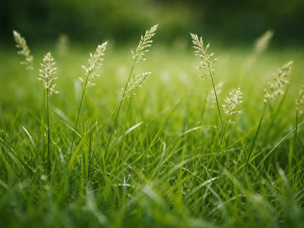 Close-up van gras met zaadpluimen die boven het gazon uitsteken, met zachte achtergrond in natuurlijk licht.