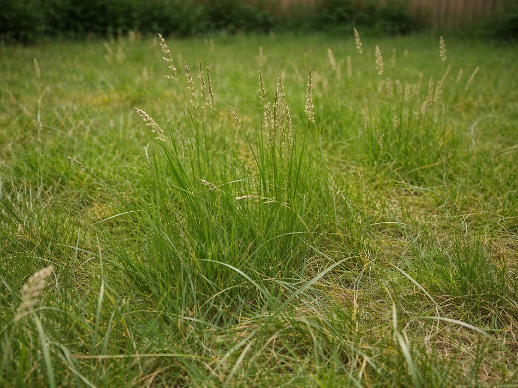 Te lang niet gemaaid gazon met langere sprieten en zichtbare pluimen tussen het minder dichte gras.