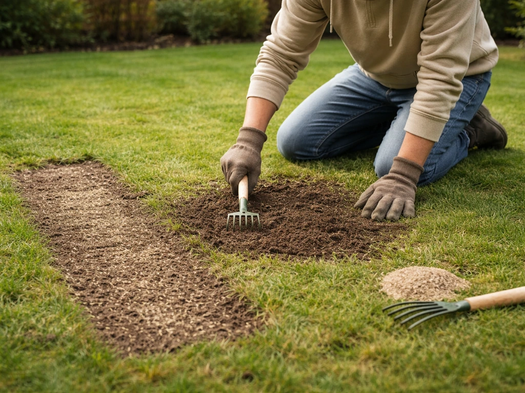 Tuinman maakt losse grond en zaait graszaad in kale plekken, met ingesaaide strook en hark op de achtergrond.
