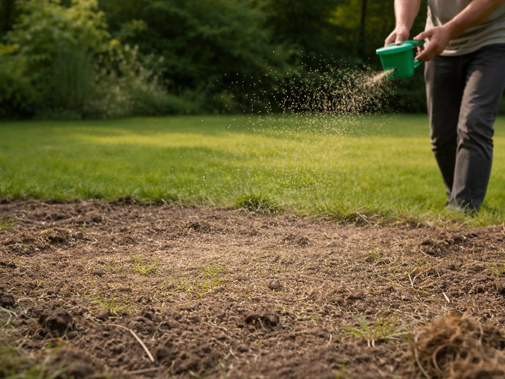 Handen strooien bloemrijk graszaad op deels opengekrabd gazon in een rustige tuin