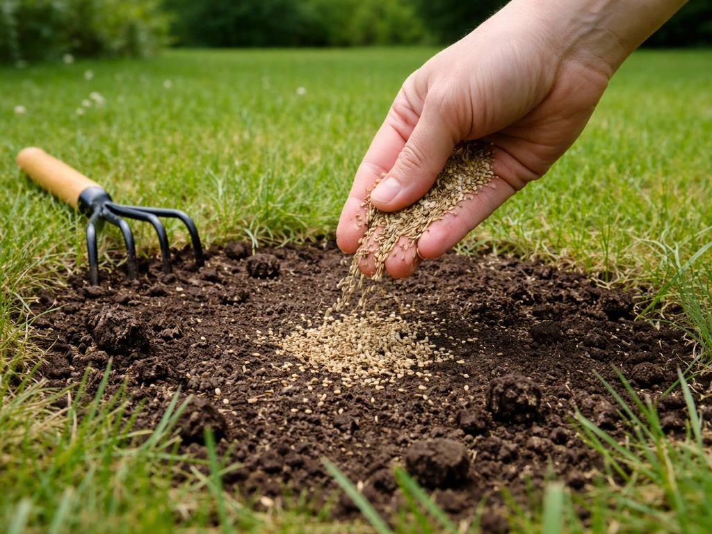 Hand strooit gras- en bloemenzaad in een kale plek; losgemaakte grond met licht aangedrukt zaad in het gazon.