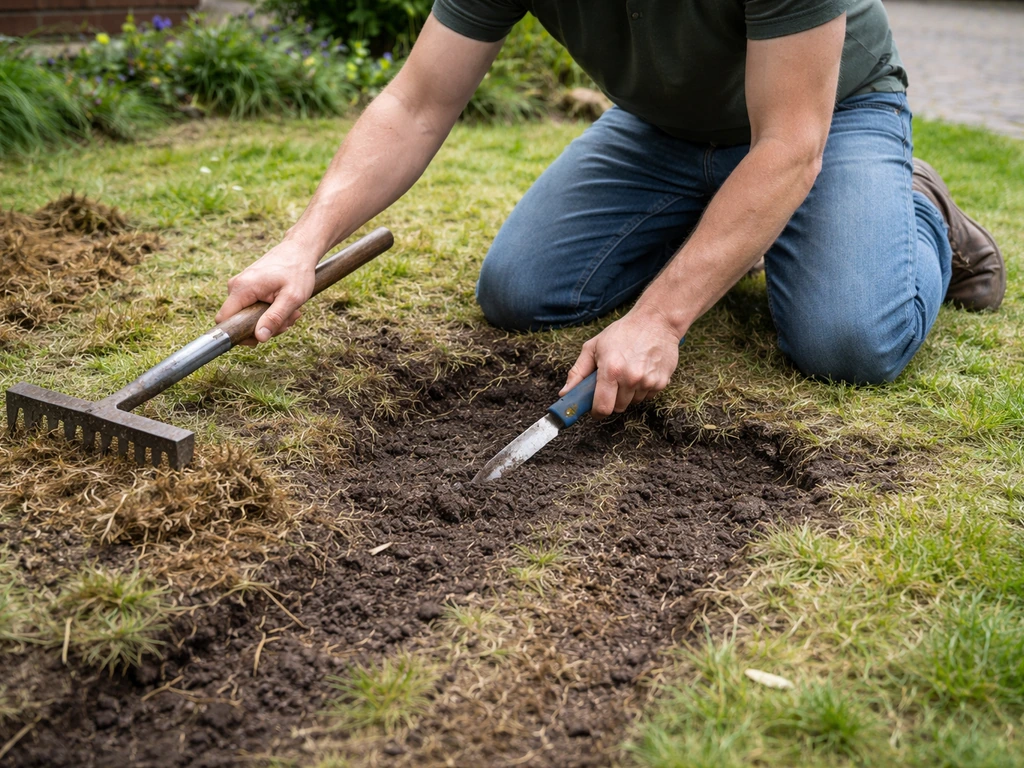 Tuinman die met een hark/vijzelachtige tool de grond losmaakt voor doorzaaien, met zichtbaar vilt en bodemstructuur.