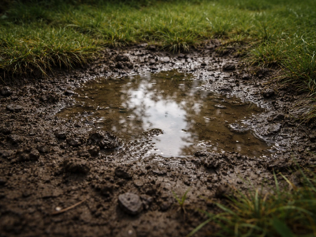 Natte schaduwplek in de tuin met plas water en kleiachtige, slecht doorlatende bodem na regen.