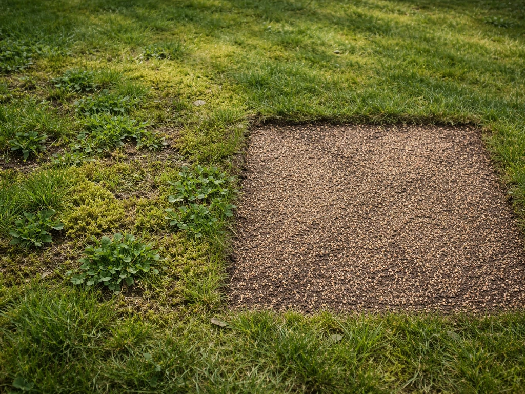 Schaduw-gazon met mos en onkruid tussen het gras, naast een afgebakend vak met doorzaai voor herstel.