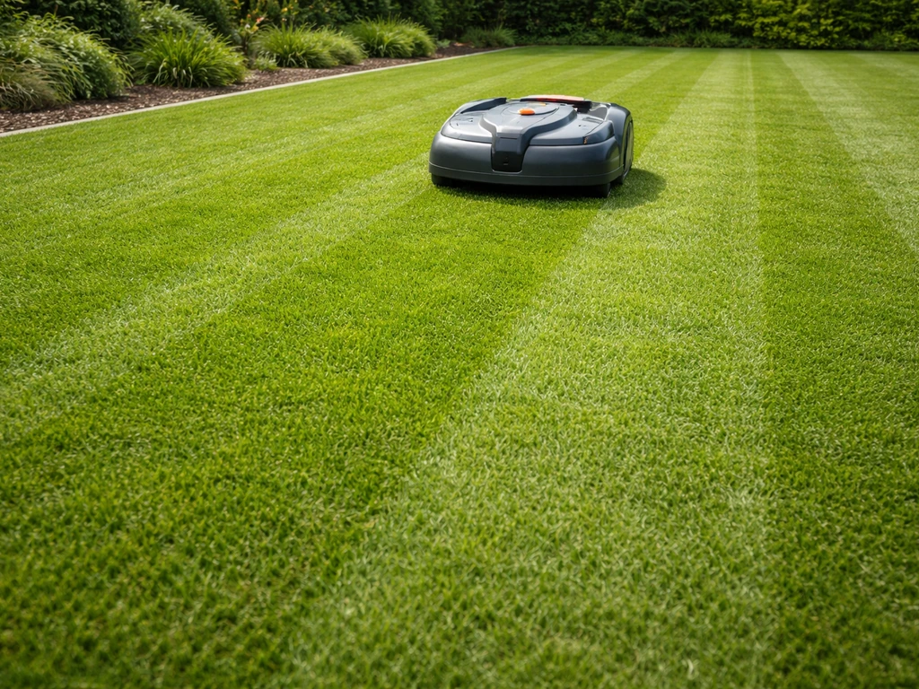 Korte gemaaide gazonstroken met sporen van een robotmaaier, gras zonder bloeiende aren