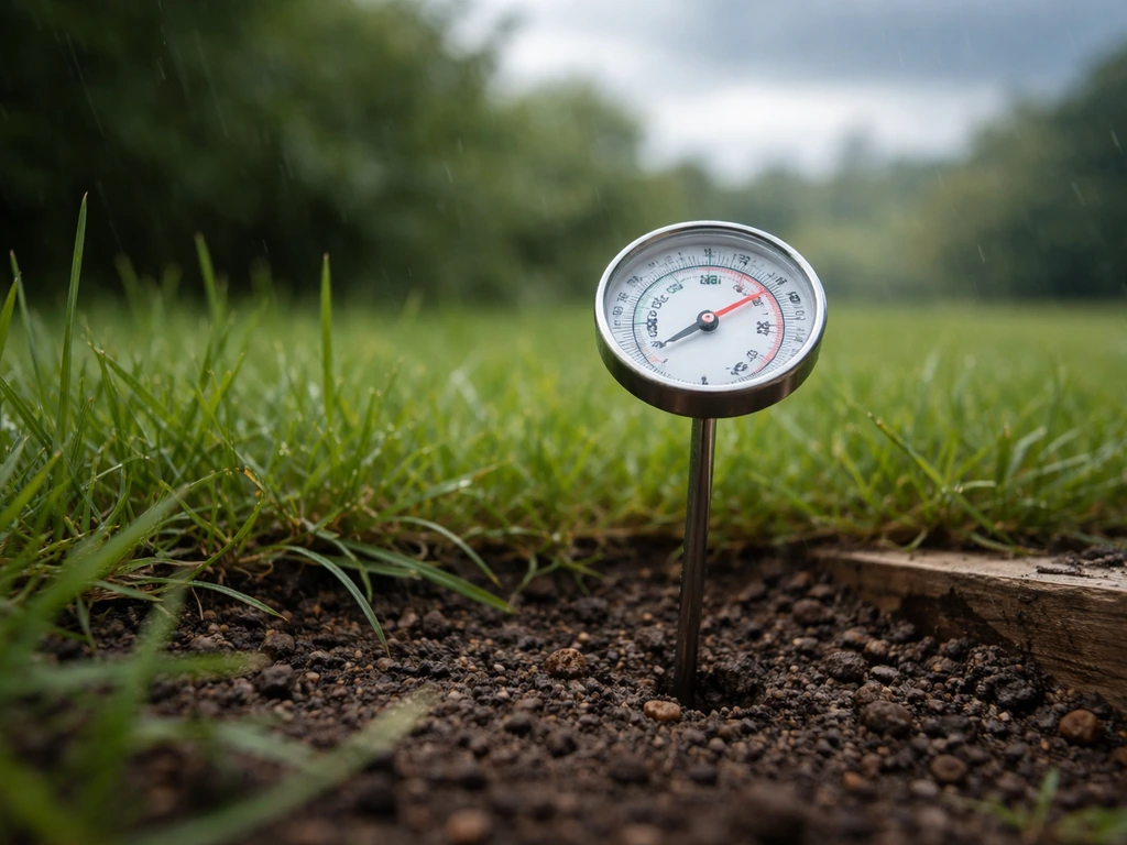 Close-up van gras en grond met bodemthermometer, met waas van regen op de achtergrond als weershint.