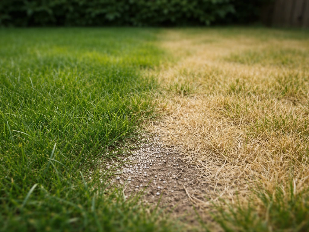 Sporen met duidelijk geel en verbleekt gras naast nog groen gazon, met zichtbare bemestingsplek in tuin