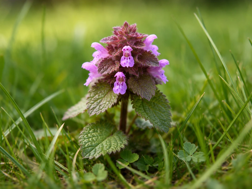 Close-up van paarse dovenetel in een gazon, met roodpaarse bloemen tussen het gras.