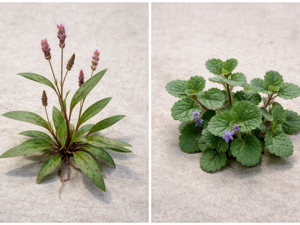 Close-up vergelijkingsbeelden van perzikkruid en een blauwviolet gazononkruid met verschillend blad en bloei.