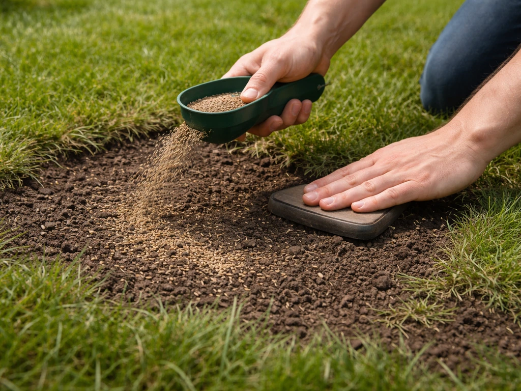 Handen die graszaad uitstrooien en een kale plek in het gazon licht aandrukken na onkruid verwijderen.
