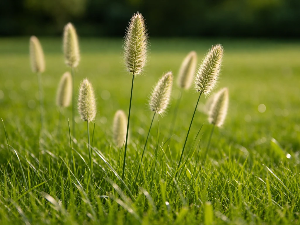 Scherpe close-up van gras met pluim in een verzorgd gazon, met zichtbare pluimen tussen het gras.