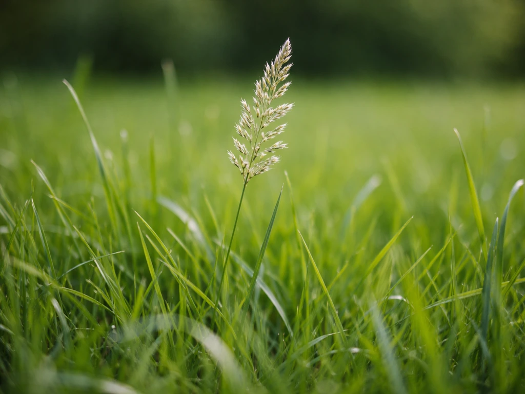 Close-up van een pluimvormige grasbloeiwijze tussen grassprieten op het gazon.