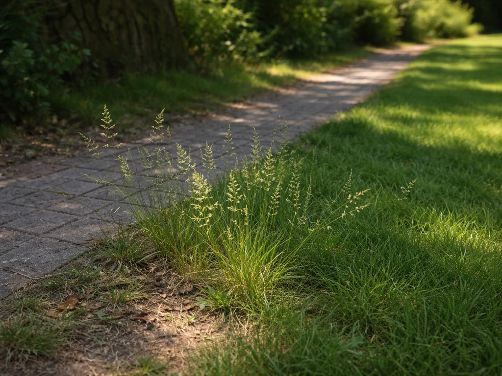 Pluimgras (zomerse pluimen) bij een pad in halfschaduw, naast een dichter en gezonder gazon.