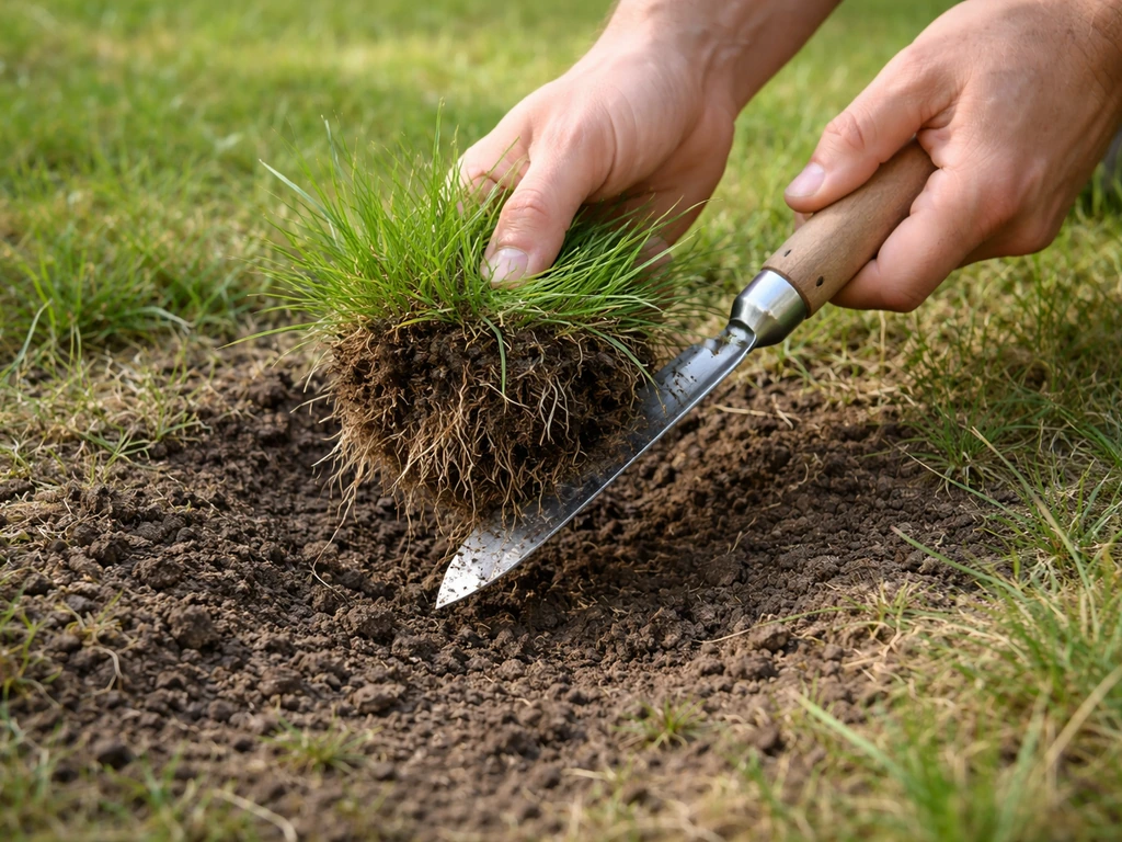 Hand in de tuin steekt fioringras-polletjes uit met een smalle onkruidsteker op een kale plek