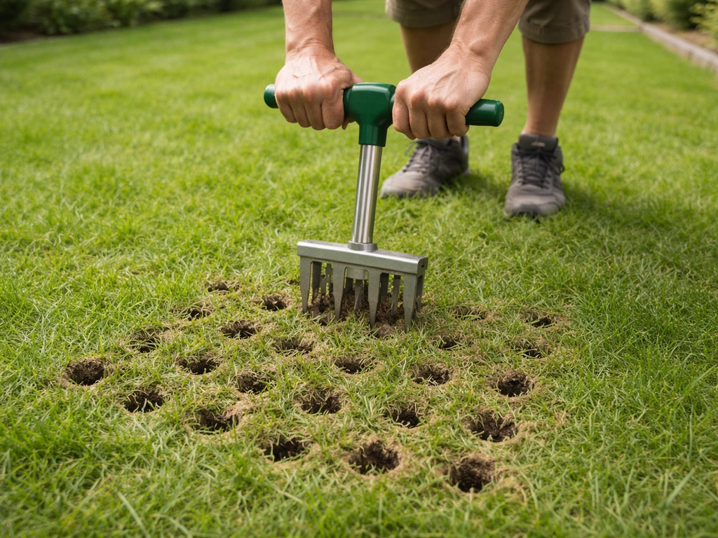 Iemand belucht het gazon met een prikroller/holle-tand beluchter, met zichtbare openingen in de bodem.