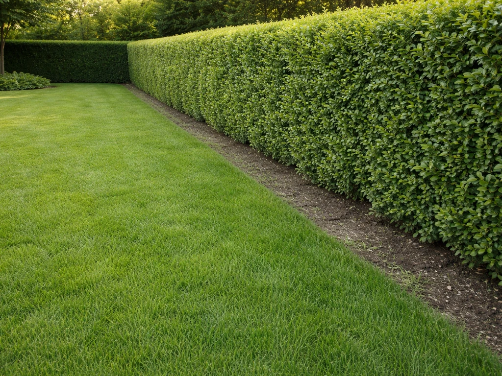 Nederlandse tuin met gazon dat direct grenst aan een struikhaag, met zichtbare overgangszone langs de haag.