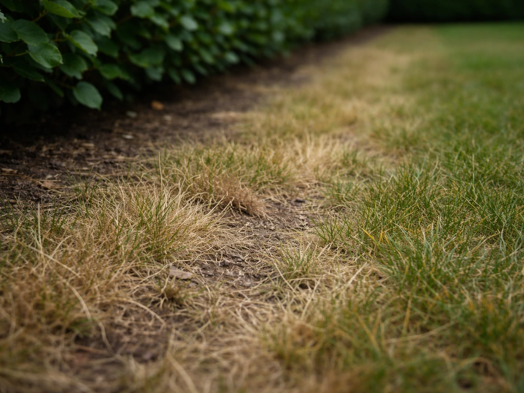 Close-up van geel, verarmd gras in een smalle strook langs de haag, met kale plekken zichtbaar