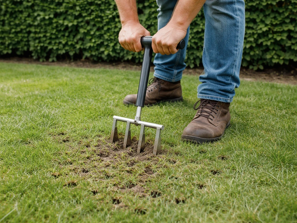 Iemand belucht het gazon langs de haag met een tuinvork; zichtbare gaatjes en aarde in de grasmat.