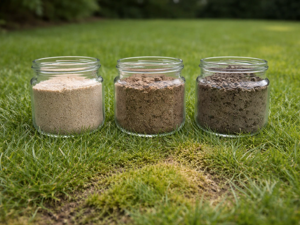 Drie bodemmonsters (zand, leem, klei) naast een gazonplek met mos en geel gras.