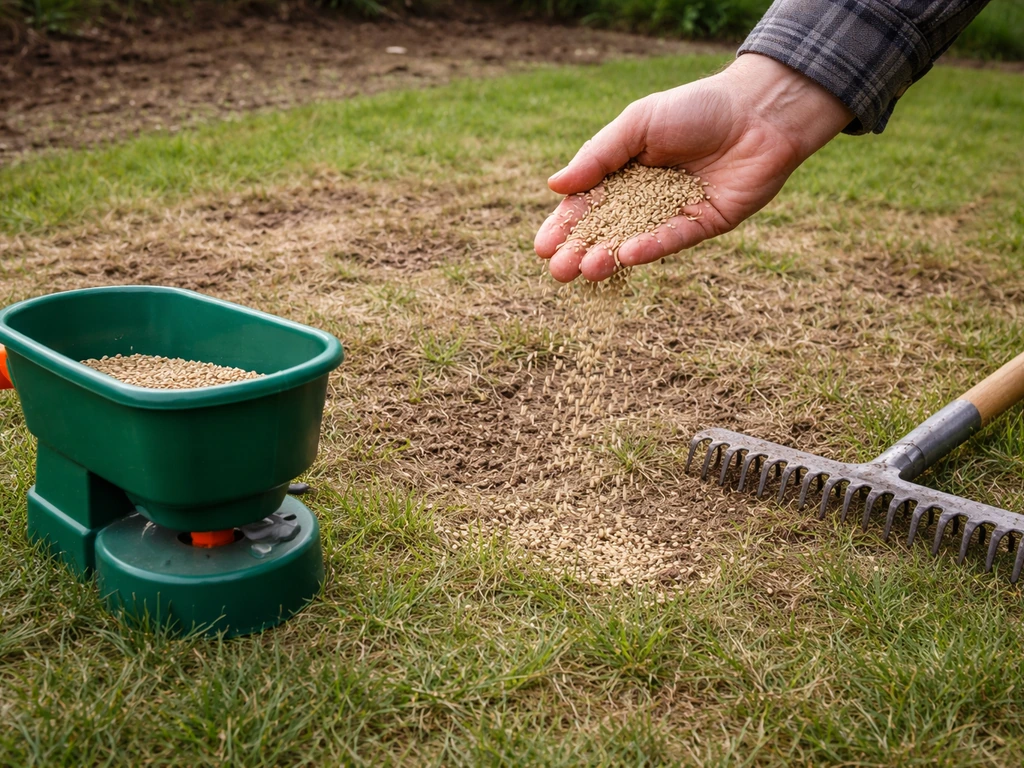 Handen met graszaad en strooier bij een gazon met kale plekken na het verticuteren