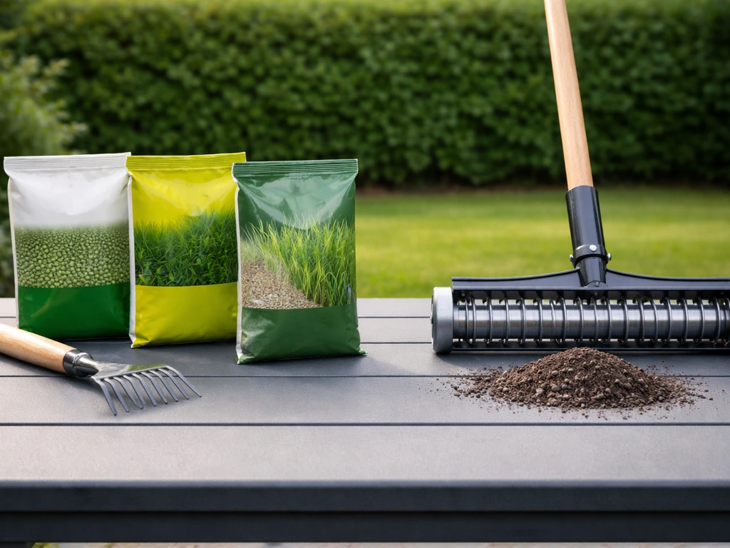 Links doe-het-zelf gazonproducten en gereedschap, rechts professioneel tuingereedschap op een tuinbank.