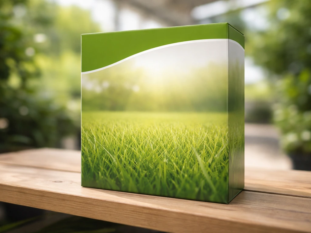 Close-up van een gazonmeststofverpakking op een plank in een tuincentrum, met groene focus op groei en onderhoud.