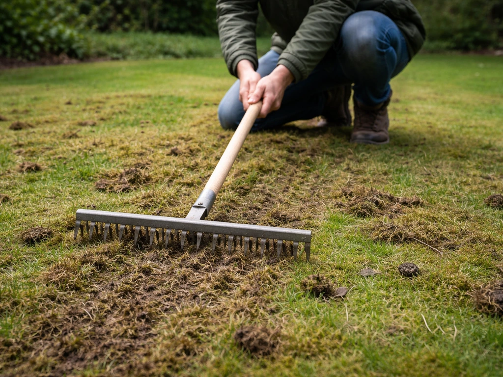 Tuinman die een verticuteerhark over een gazon trekt, mos en gras zichtbaar in de bodemstructuur.