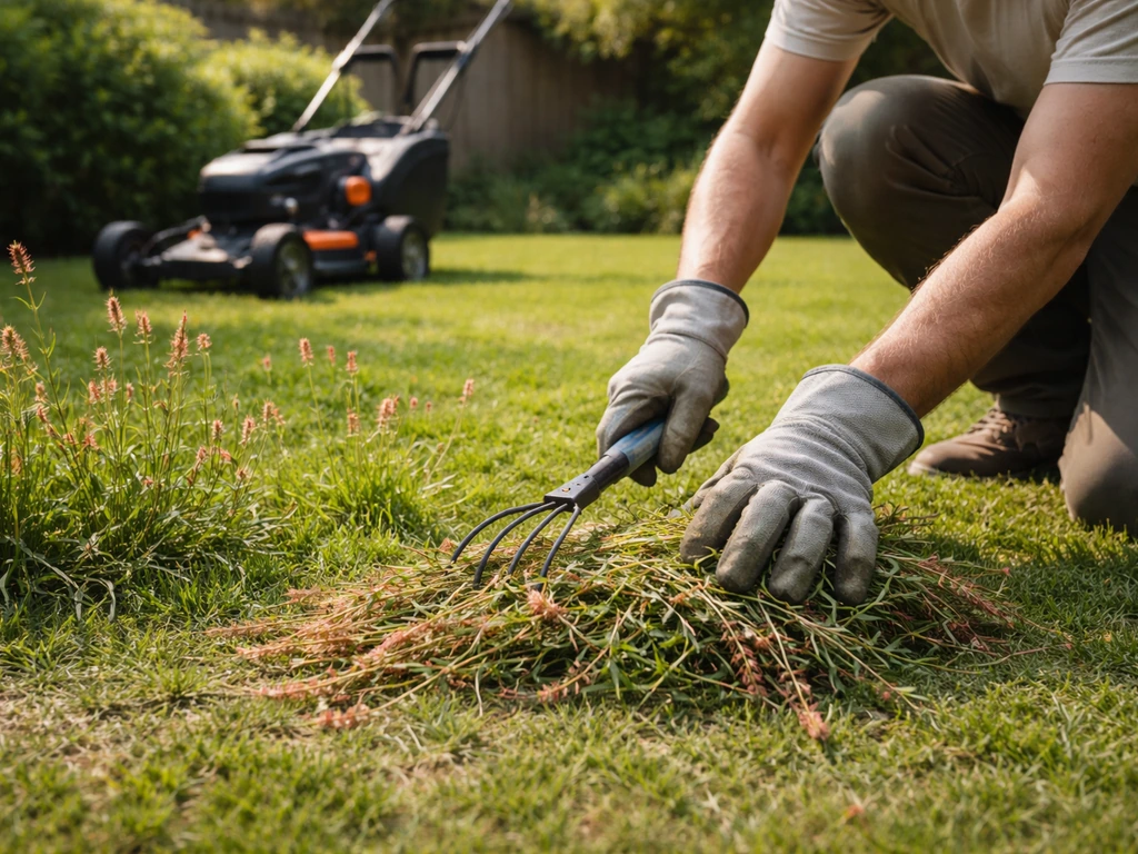 Tuinier maait een gazon met roodachtige pluimen en ruimt daarna het afgeknipte gras op
