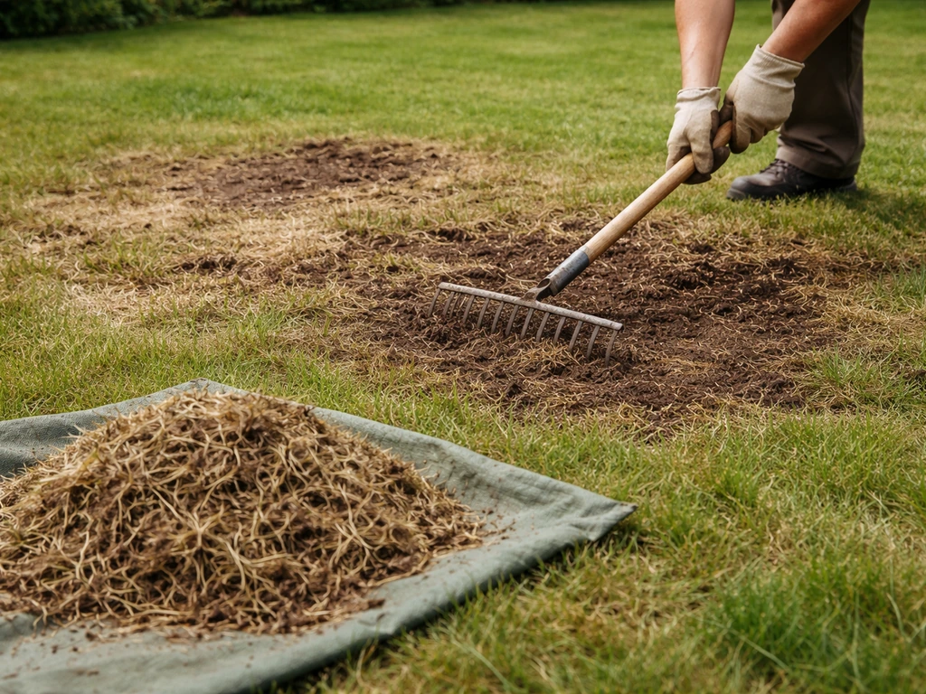 Aangetaste grasplekken die opengeharkt worden en het maaisel wordt opgevangen voor afvoer