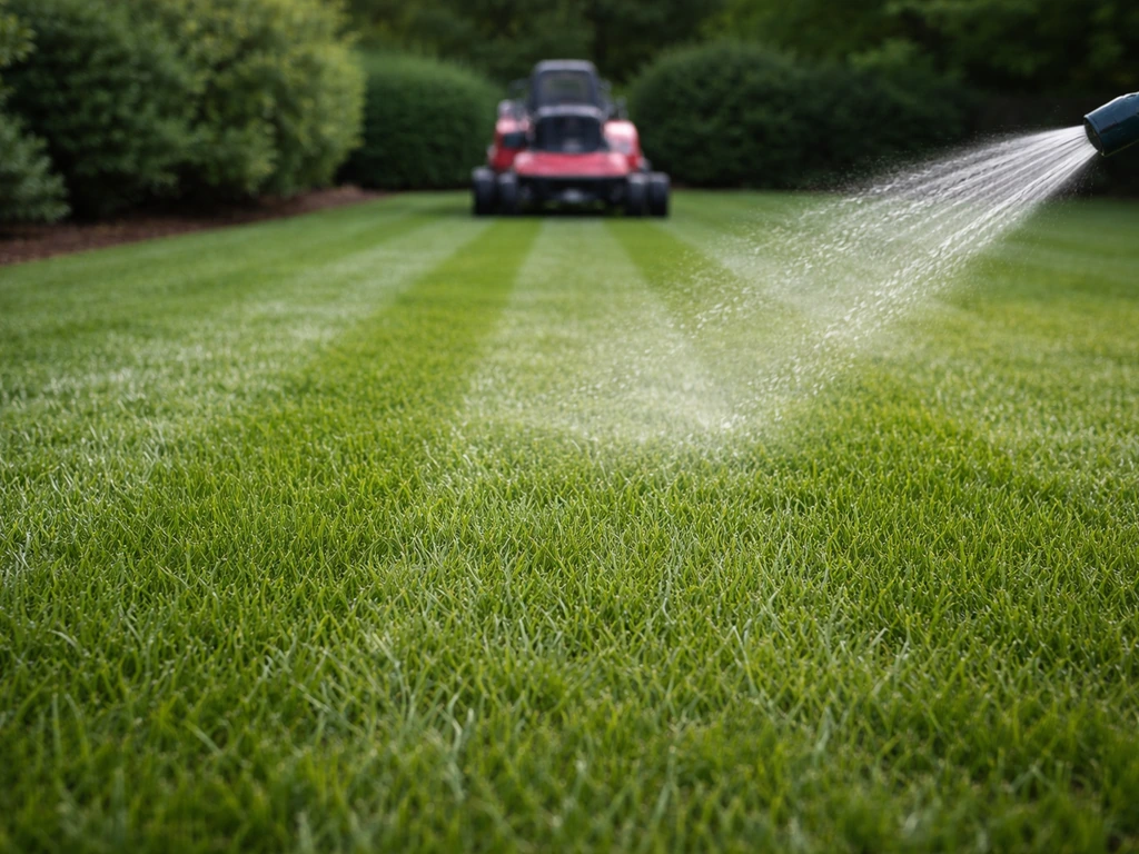 Gelijkmatig gemaaid gazon met gerichte bewatering; gesloten graspol en nette maairichting in een rustige tuin.
