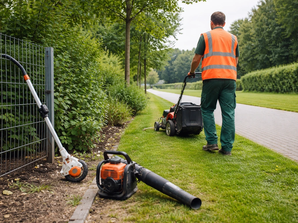 Anonieme onderhoudsmedewerker met maaier en trimmer bij groenvoorziening, simpel en realistisch.