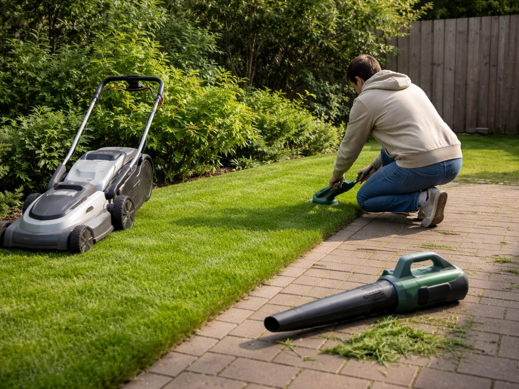 Anonieme persoon gebruikt een grastrimmer bij de rand van een gazon, met maaier en blower op de grond.