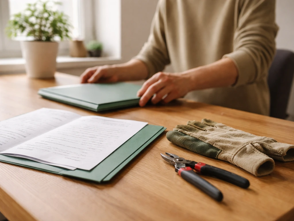 Anonieme werkplek met een groen cv-dossier, notities en handschoenen op een bureau in daglicht.