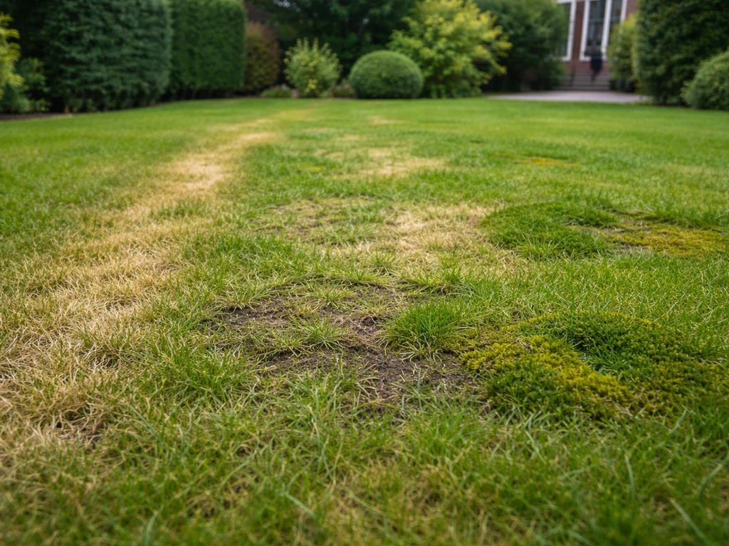Close-up van een gazon met geel/bleek gras, vlekkerige groei en mosplekken.