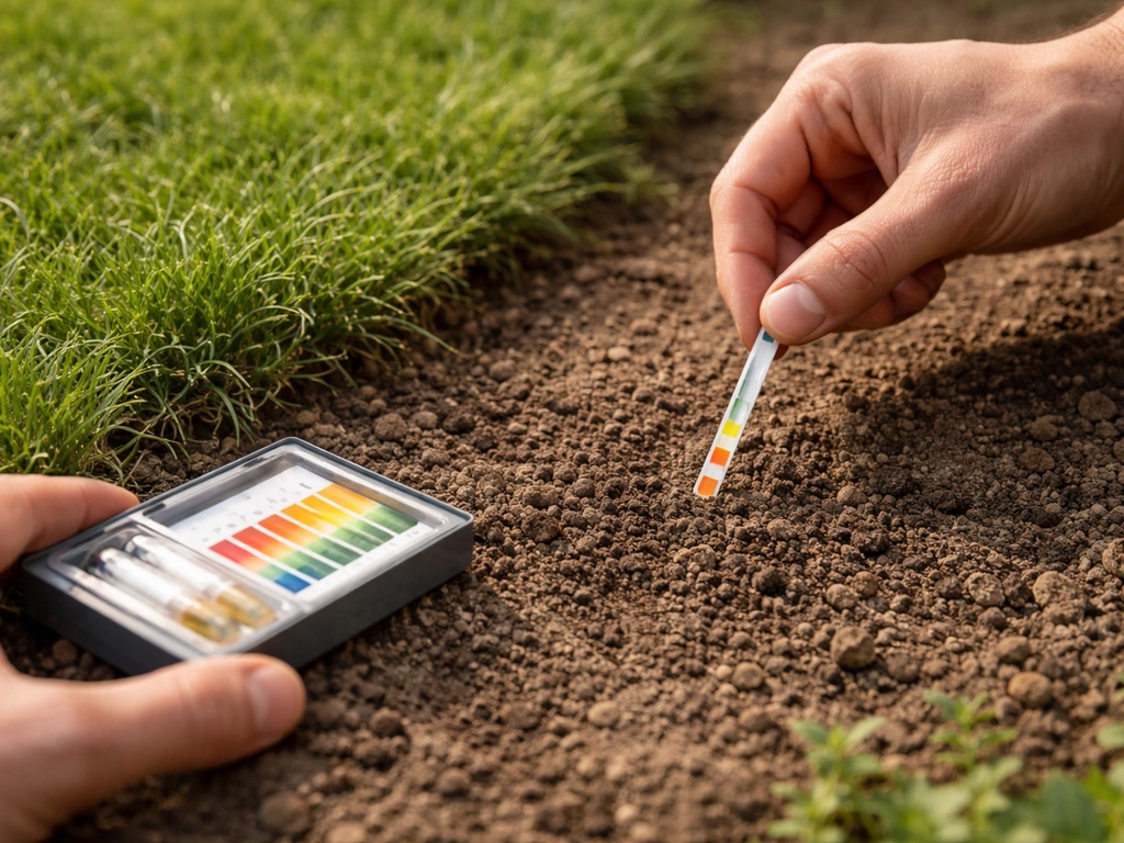 Iemand die een pH-meetstrip in de grond van een gazon test, met meetset op de achtergrond