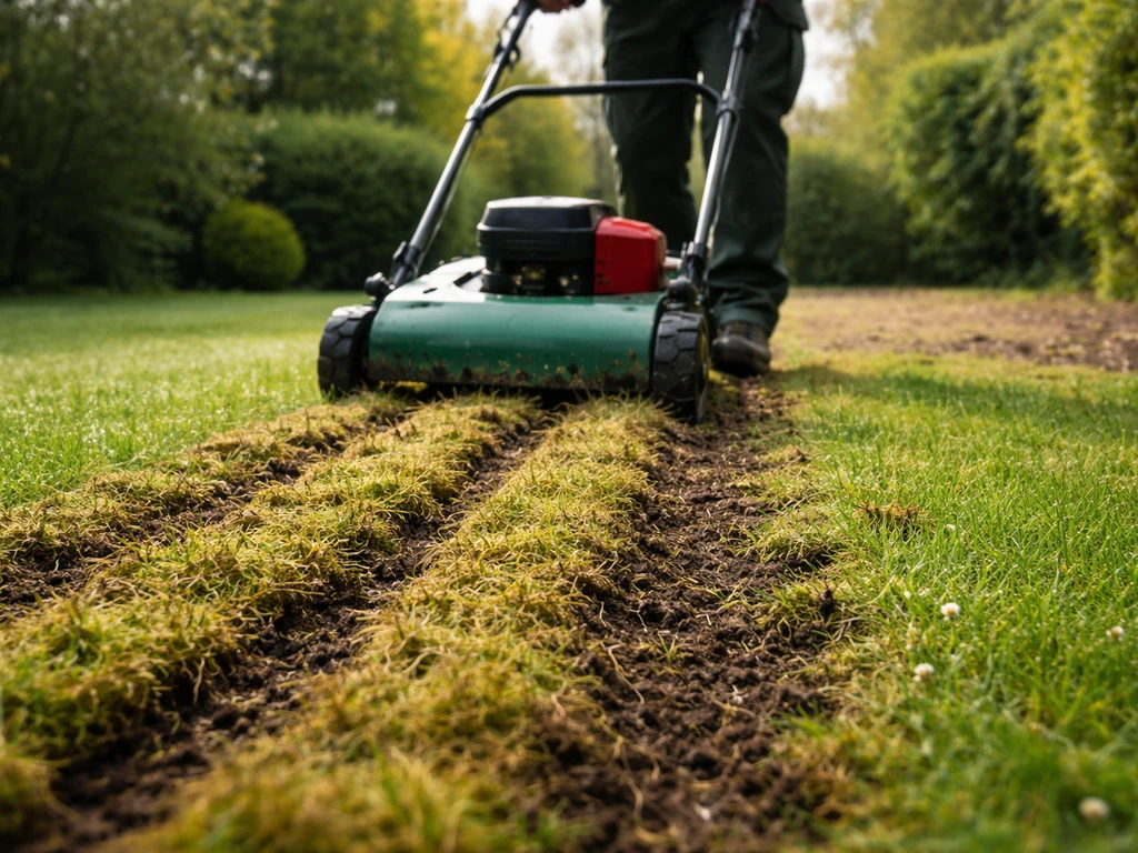 Voorjaar: tuinman verticuteert een gazon, grond en mos/vilt zichtbaar voor doorzaaien