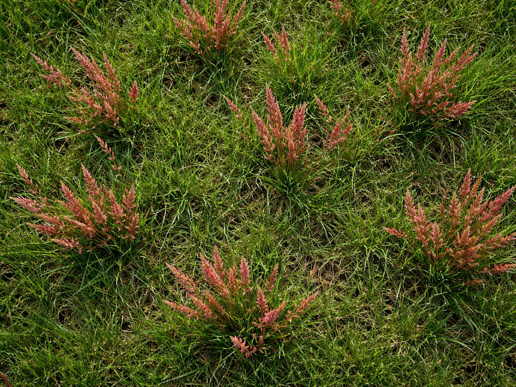 Bovenaanzicht van een Nederlands gazon met rood/roze grassprieten en pluimen tegen groene grasmat.
