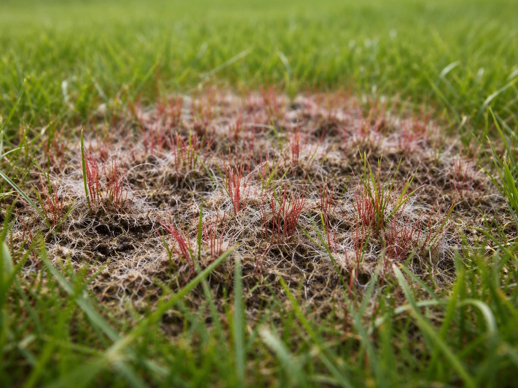 Close-up van een gazonplek met roodachtige grassprieten, zichtbaar patroon in een kale beschadigde strook