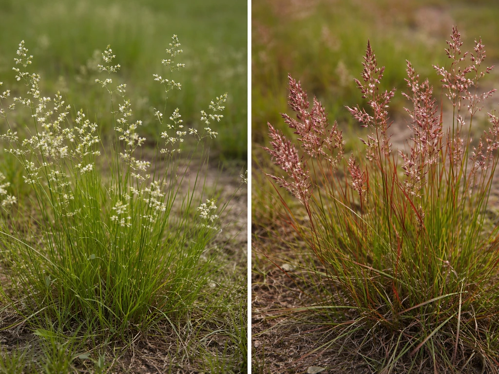 Close-up van twee grasvarianten naast elkaar: witte/geelgroene pluimpjes links en roodachtige pluimen rechts.